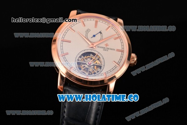 Vacheron Constantin Patrimony Swiss Tourbillon Manual Winding Rose Gold Case with Beige Dial Blue Alligator Strap and Stick Markers - Click Image to Close